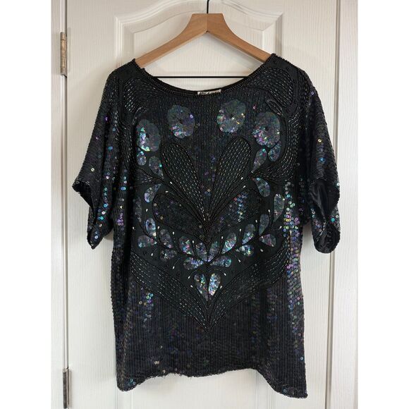 VTG Pete's Black Silk Multicolor Sequin Beaded Short Sleeve Blouse Top Women's M - Picture 1 of 10